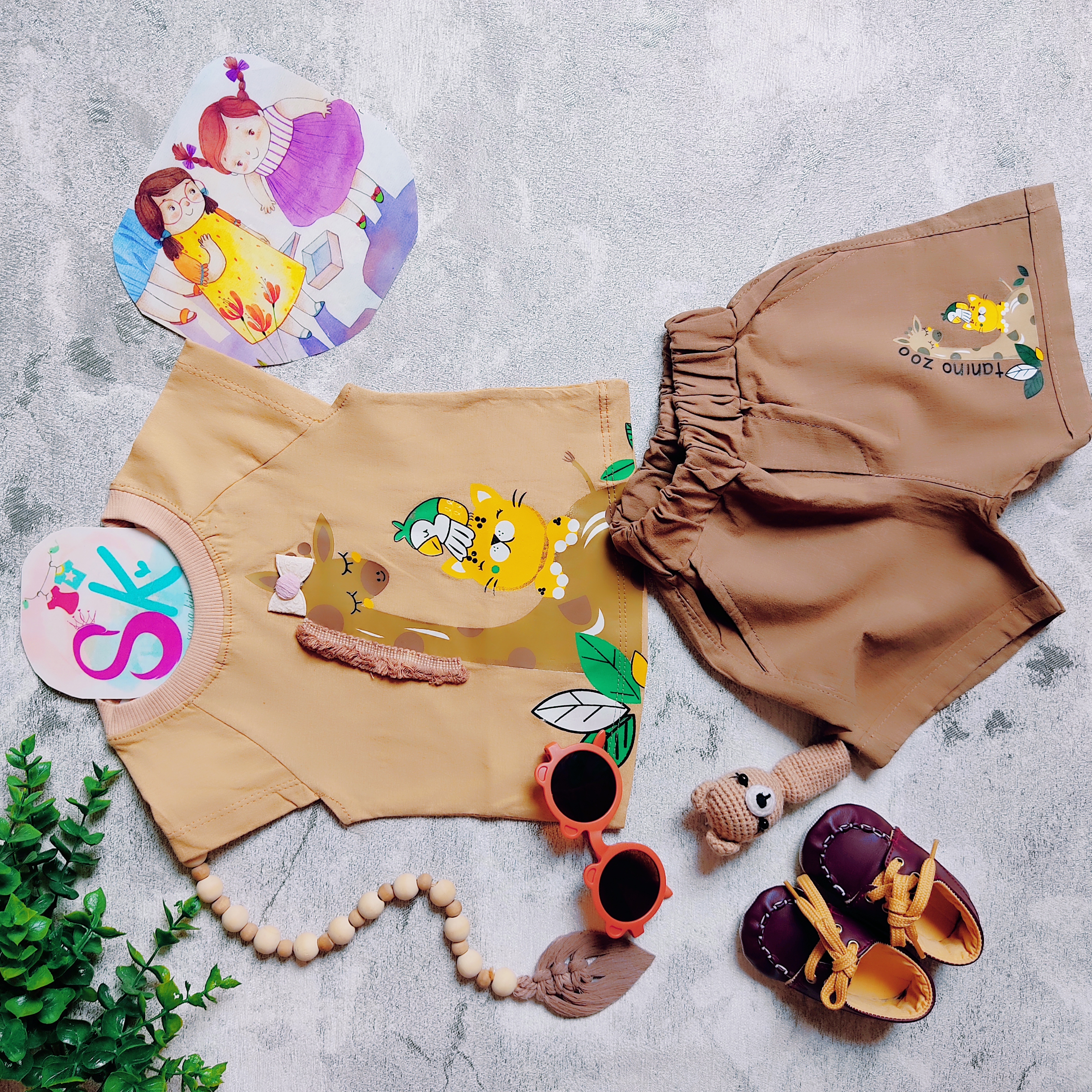 تیشرت نخ و شلوارک لینن زرافه و گربه