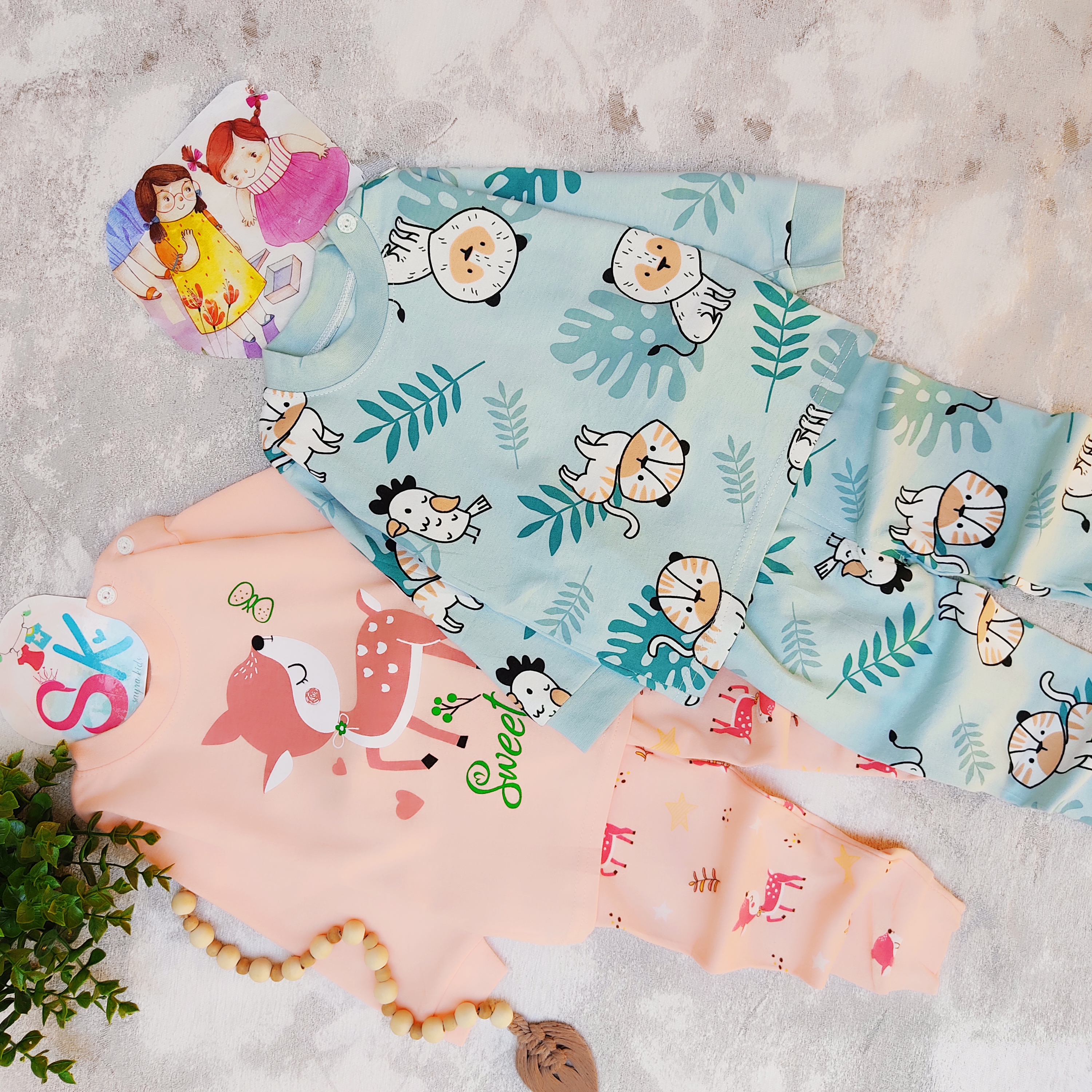 بلوز شلوار آهو صورتی و شیر آبی جنس نخ وارداتی