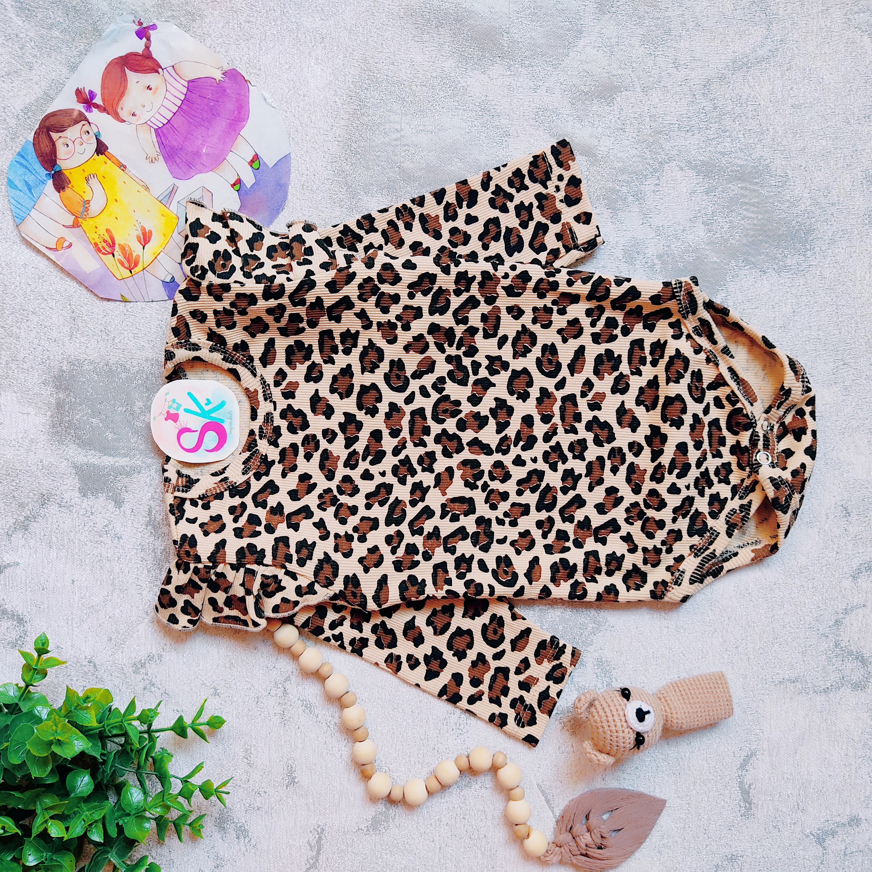 زیر دکمه بادی آستین بلند دخترانه پلنگی کبریتی پنبه