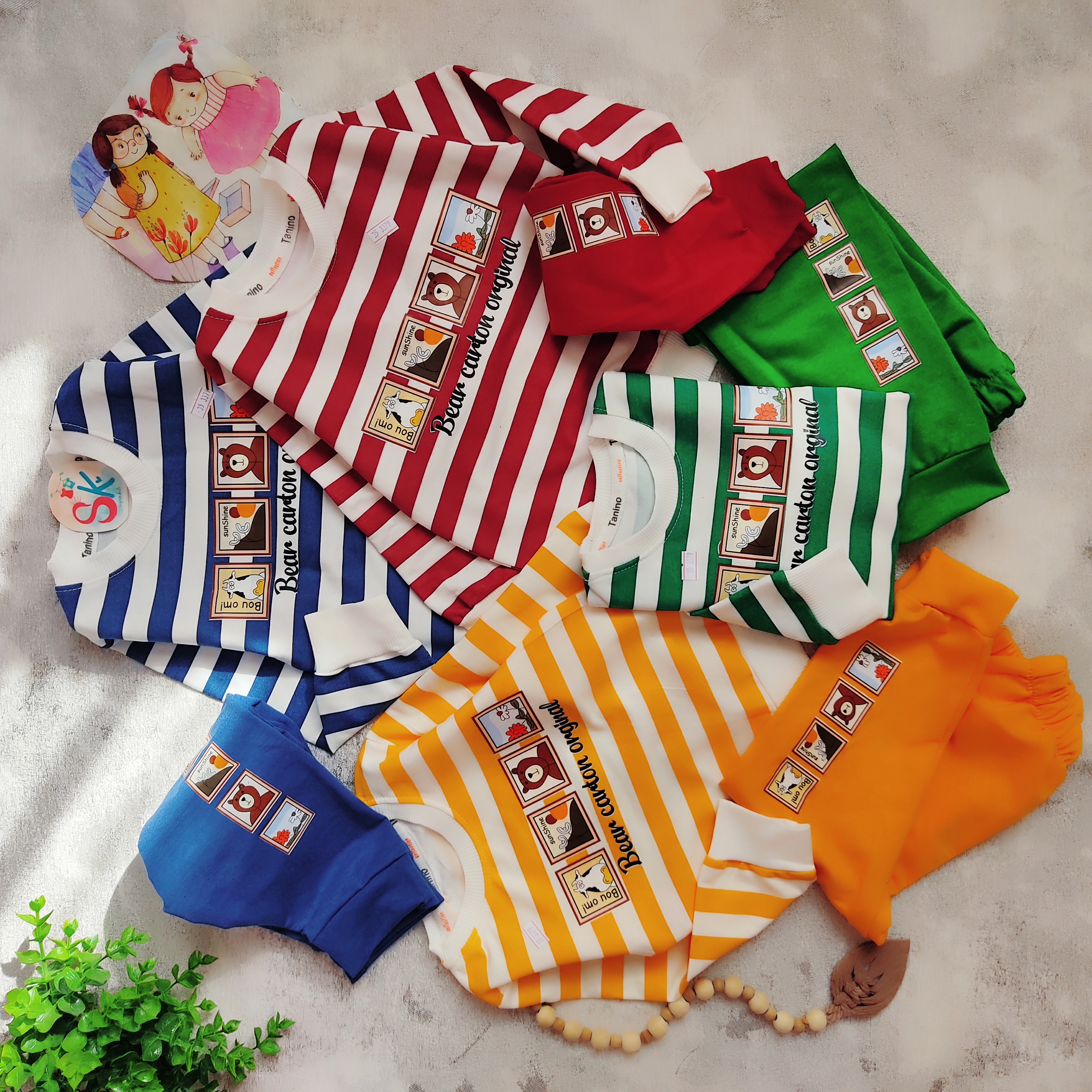 بلوز شلوار پسرانه راه راه رنگی پنبه یک رو