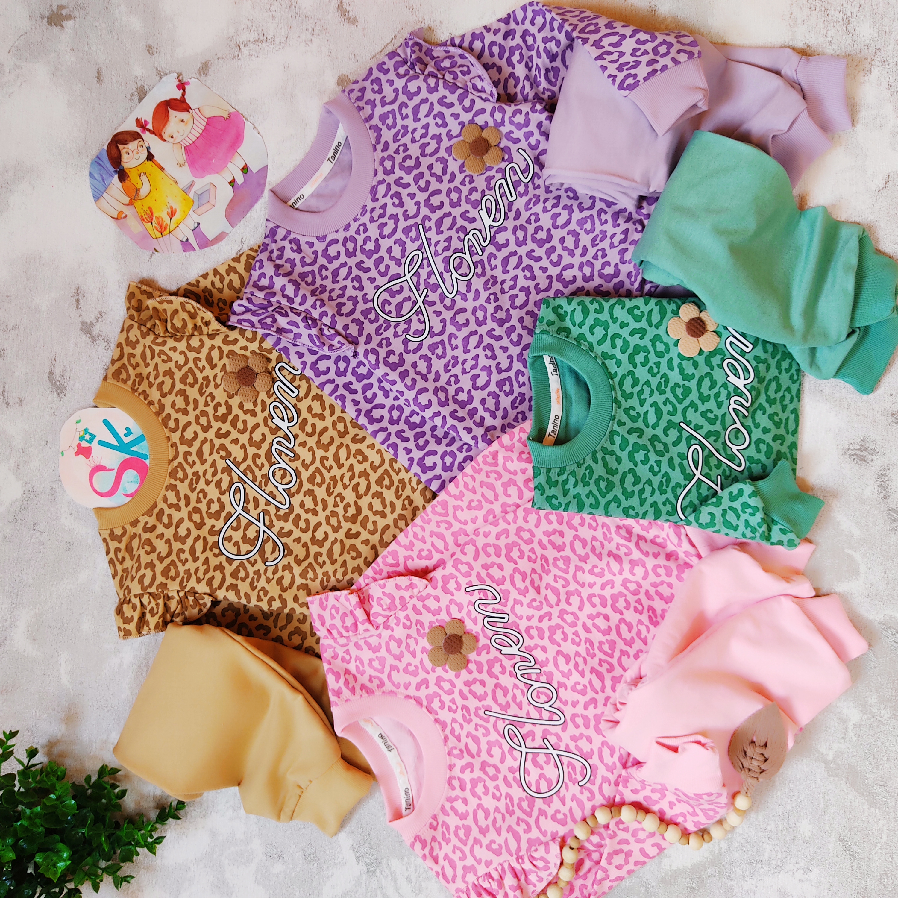 بلوز وشلوار دخترانه پلنگی پنبه دورس گلدار